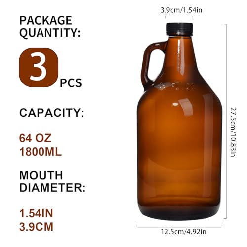 Amber Glass Growlers 64 oz - 3 Pack Half-Gallon Jugs for Home Brewing