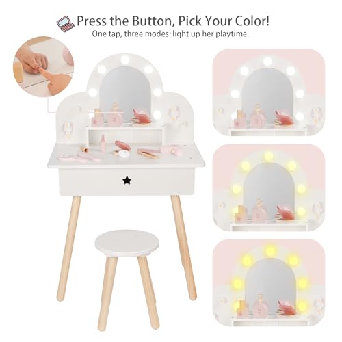 Kids Wooden Vanity Set with Lighted Mirror and 11 Makeup Accessories