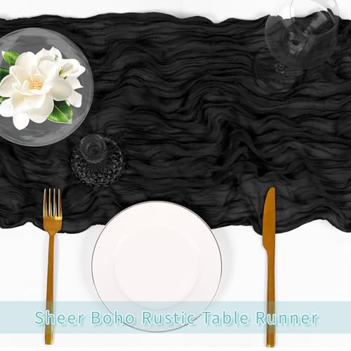 3 Pack Black Cheesecloth Table Runner, 17 x 108 Inch Semi-Sheer Boho Decor