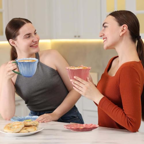 JUSONEY Blue Flower-Shaped Ceramic 10oz Latte & Tea Cup Set with Saucer