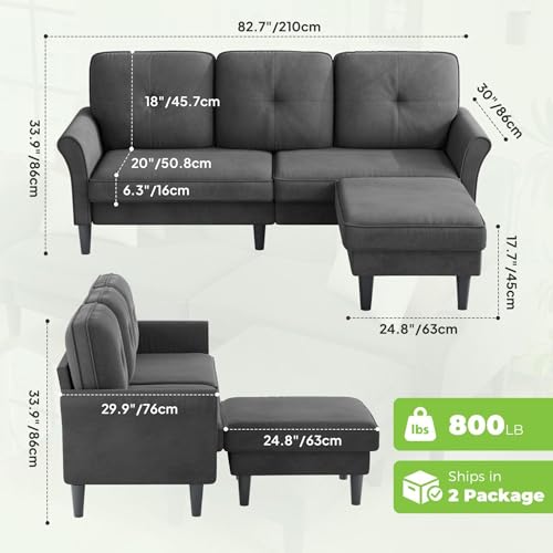 83-Inch Velvet L-Shaped Sectional Sofa with Ottoman for Small Living Rooms
