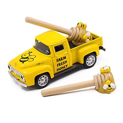Yellow Metal Honey Bee Farm Pickup Truck with Faux Honey Dippers Set