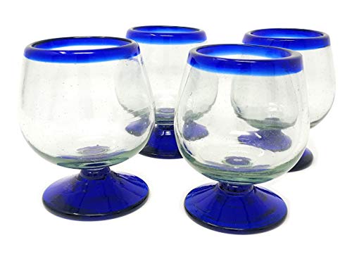 Mexican Hand Blown Cognac Snifter Glasses Set of 4 - Blue Rim, Eco-Friendly, Handmade