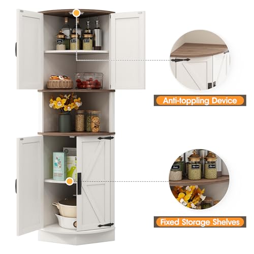Tall Farmhouse Corner Cabinet with Barn Doors and 5 Storage Shelves, White