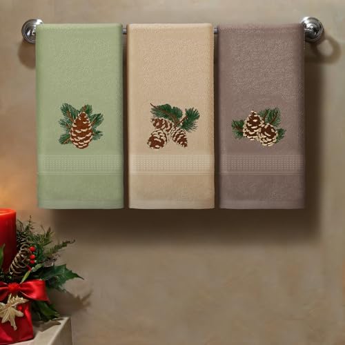 FuWeave Rustic Pine Cone Hand Towels 3 Pcs Christmas Bathroom Decor