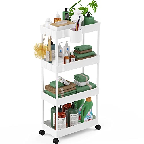 4-Tier Slim Rolling Storage Cart, 7.1" Narrow Mobile Utility Organizer, White