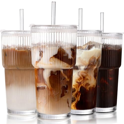 20 oz Ribbed Glass Iced Coffee Cups with Lids and Straws - Set of 4