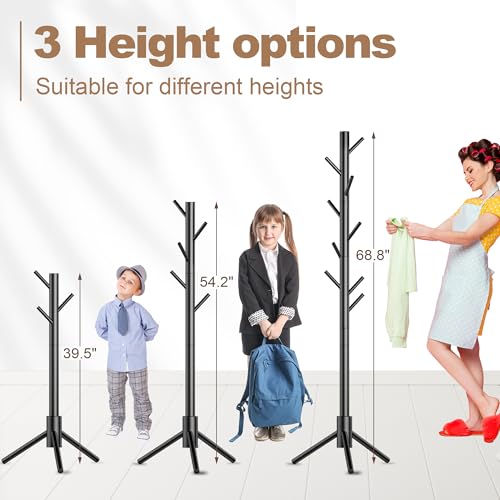 Wooden Coat Rack Stand with 8 Hooks - Adjustable Freestanding Coat Tree for Entryway, Bedroom, Office