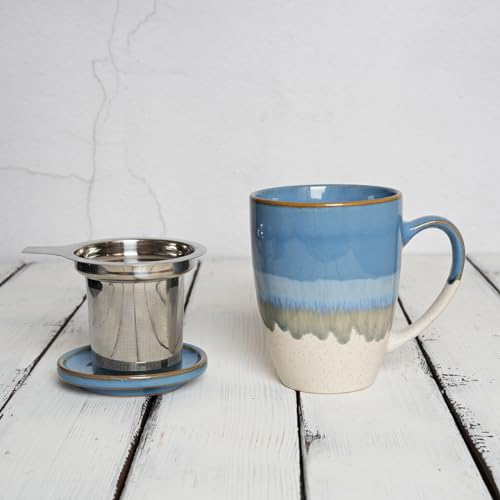 Bosmarlin Light Blue Ceramic Tea Mug with Infuser & Lid, 13.5oz, Dishwasher & Microwave Safe
