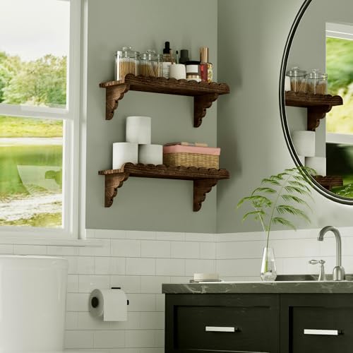 17-Inch Scalloped Floating Wall Shelf, Rustic Solid Wood Display Ledge