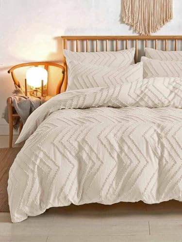 Nanko Full Size Beige Duvet Cover Set 3pc Boho Tufted Microfiber Bedding