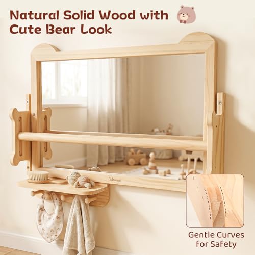 Montessori Baby Mirror with Adjustable Pull-Up Bar & Storage Shelf