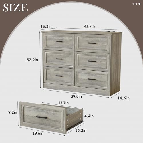 6-Drawer Wood Dresser with Charging Station, Ash Grey Bedroom Organizer