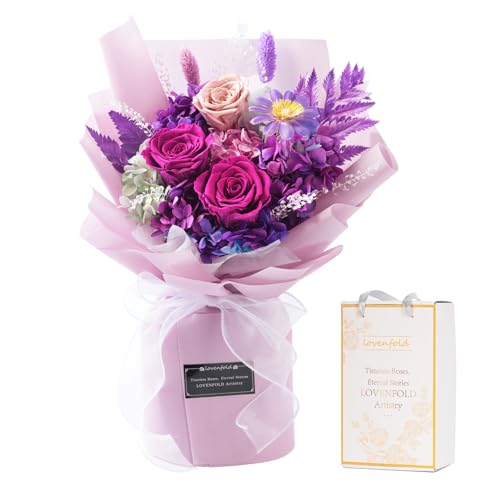 Handcrafted Preserved Purple Rose Bouquet in Gift Box - Lasts 3+ Years