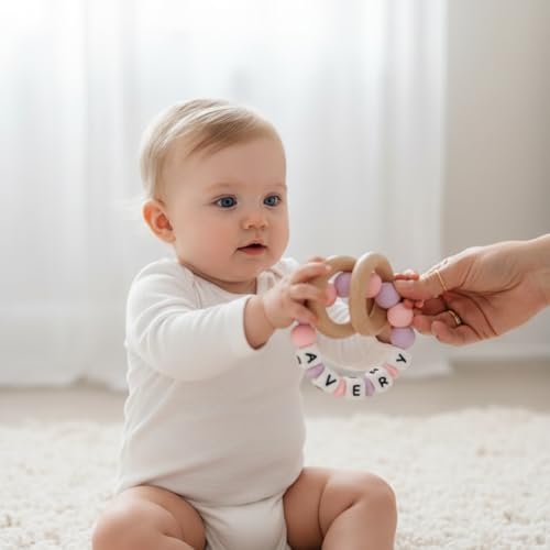 Personalized Baby Teether Rattle with Custom Name & Beech Wood Rings