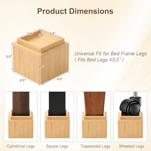 4 Inch Bamboo Bed Risers | Heavy Duty Furniture Leg Extenders, 4 Pack