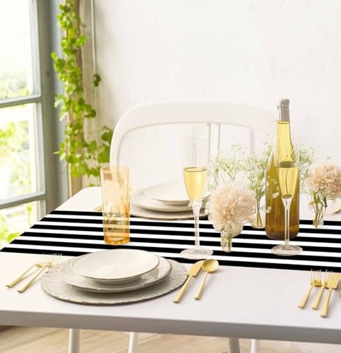 AVXINSOK Black and White Striped Plastic Disposable Table Runner - 6 Pack, 14x108 Inches
