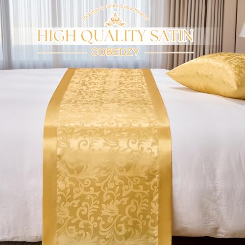 Gold Satin King Size Bed Runner - Luxury Jacquard Bed Scarf (50x240cm)