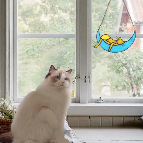 Kershyapet Handcrafted Orange Cat Stained Glass Window Suncatcher - Sympathy Gift for Cat Lovers
