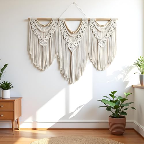 Large Macrame Wall Hanging Woven Boho Tapestry Decor with Wood Beads - 43" x 32"
