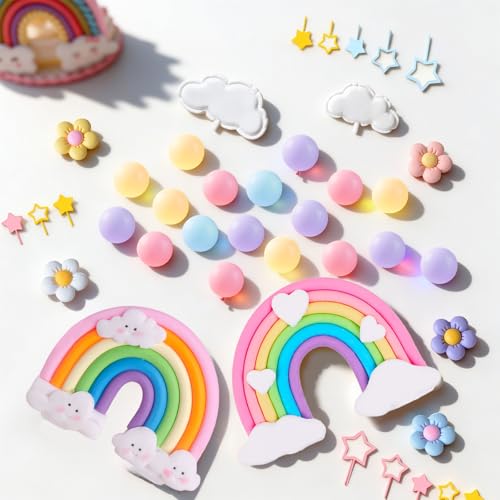 39-Piece Rainbow Cake Topper Set with Pastel Balls and Daisy Flowers