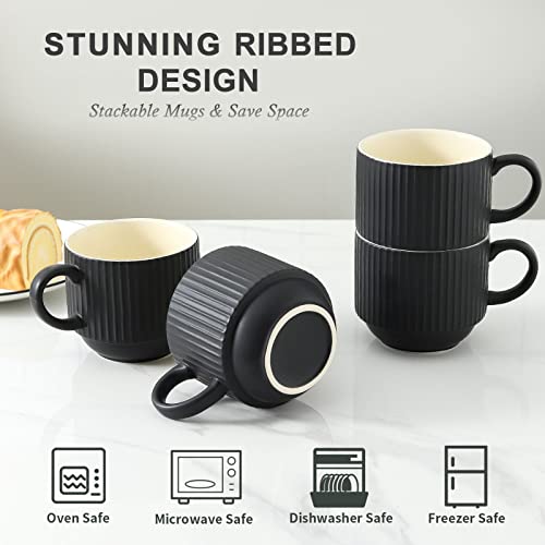 HASENSE Matte Black 15oz Ceramic Coffee Mug Set of 4 with Metal Stand