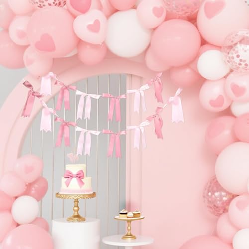 Pink Satin Bow Garlands - 2 Pack, 16pcs, 6.5ft Pre-Strung Party Decorations