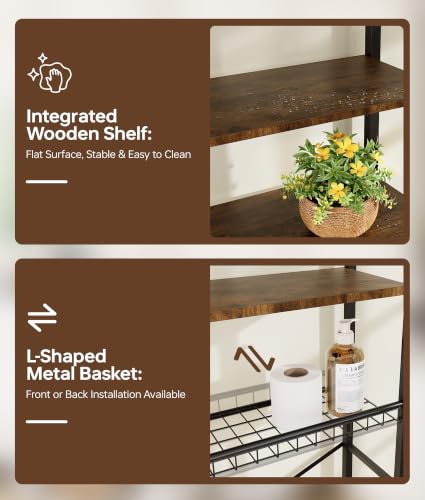 4-Tier Over-the-Toilet Storage Rack with Wooden Shelves & Net Basket