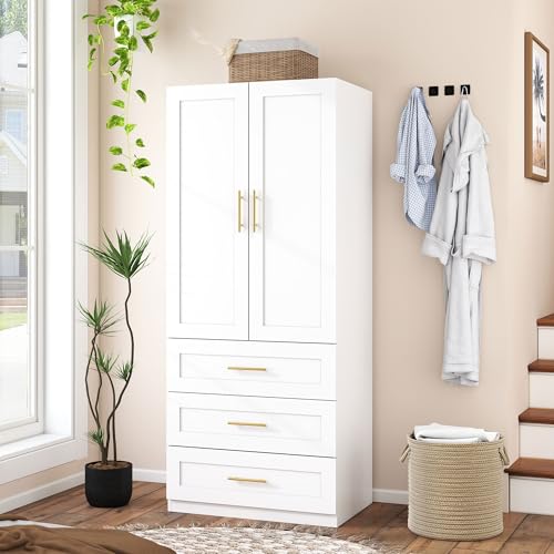 Modern White Wardrobe Armoire with 3 Drawers and Hanging Rod, 75 Inch