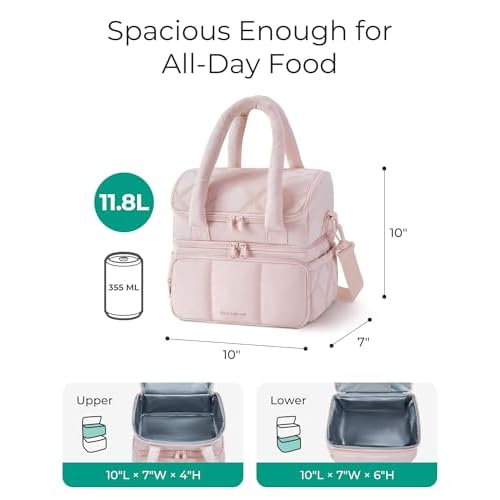 BAGSMART Lunch Bag Women, Double Deck Insulated Lunch Box, Quilted Puffer Lunch Tote, Leakproof, Durable & Reusable Large Lunch Cooler For Work Picnic Travel Meal Prep, Camel