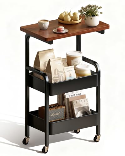 Black 3-Tier Metal Utility Cart with Walnut Top, Lockable Wheels & Sturdy Frame