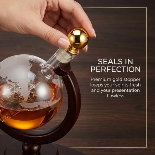Godinger Whiskey Decanter Globe Set with 2 Etched Glasses, 850ml - Gift for Men