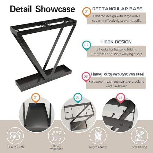Modern Metal Umbrella Stand for Entryway with Hooks, Black Rustproof Rack
