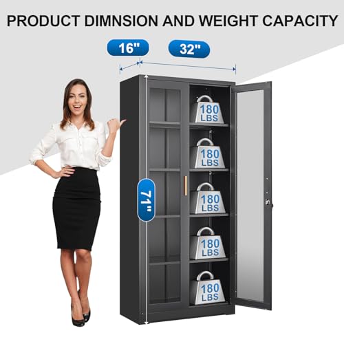 71-Inch Metal and Glass Display Cabinet with Lock, 5-Tier Curio Case