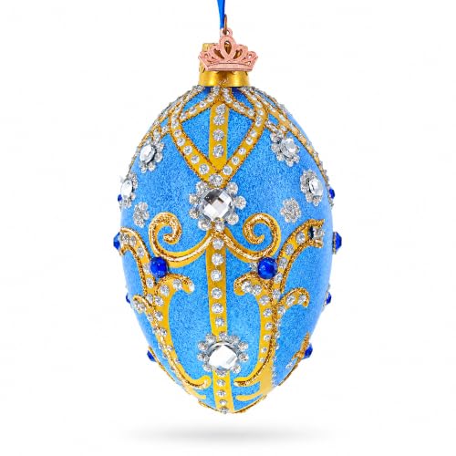 Jewels and Golden Scrolls on Glitter Blue Glass Egg Ornament 4 Inches