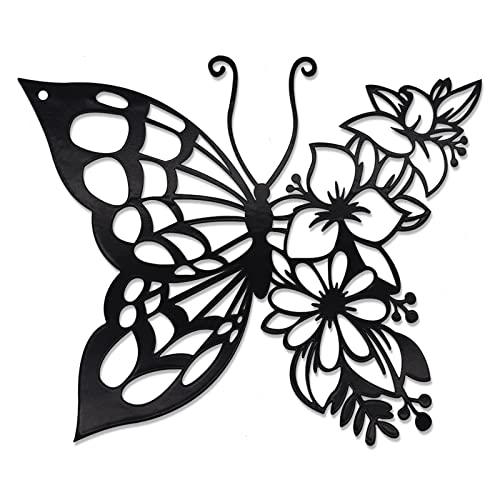 Metal Butterfly Flower Wall Art - 10.6-Inch Black Boho Hanging Decor