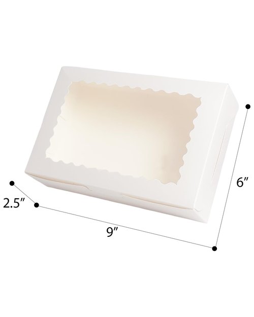 qiqee 50Pcs White Cookie Box with Window 9x6x2.5 Inch Pastry Macaron Bakery Box For Packaging