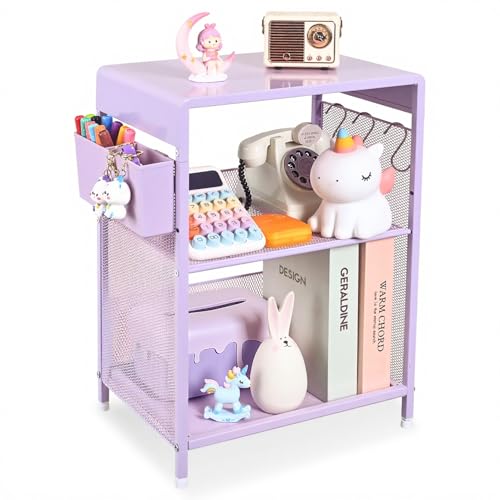 Small Purple Metal Nightstand with Storage Hooks and Adjustable Shelf