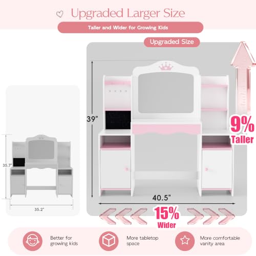 Kids Vanity Set with Mirror, Stool, and Jewelry Storage - White Wooden Desk