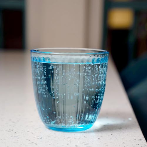 Blue Textured Water Glasses, 9.75 oz Retro Drinking Tumblers, Set of 12