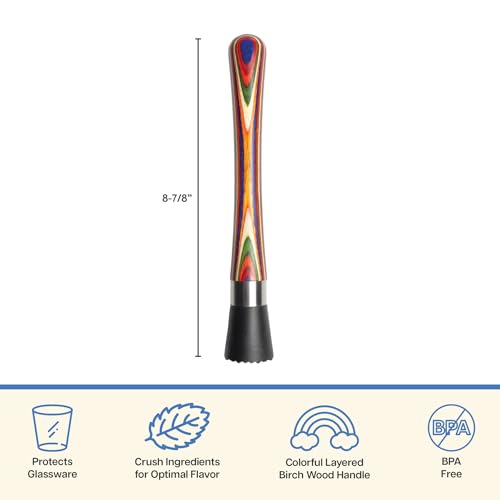 Baltique Marrakesh Cocktail Muddler with Colorful Wooden Handle, Nylon Head - Includes Variation