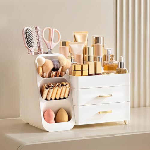 HBlife Large All White Makeup Organizer with Brush Holder - Vanity & Storage