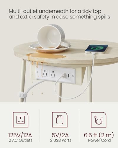 Round Side Table with Charging Station and Fabric Storage Basket