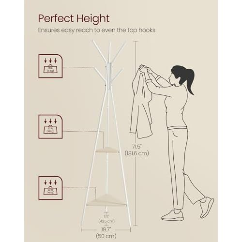 VASAGLE Coat Rack Freestanding, Coat Hanger Stand, Hall Tree with 2 Shelves, for Clothes, Hat, Bag, Industrial Style, Natural Beige and Pearl White URCR016N01