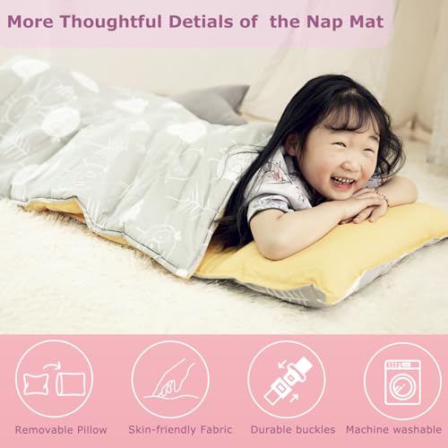 Toddler Nap Mat with Removable Pillow and Blanket for Preschool and Daycare
