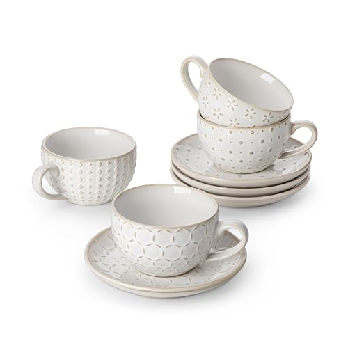 MALACASA 6 oz Cappuccino Cups & Saucers Set - Embossed Latte Mug Set of 4