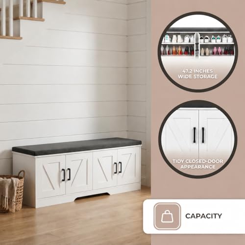 Farmhouse Shoe Storage Bench with 4 Barn Doors and Padded Seat Cushion