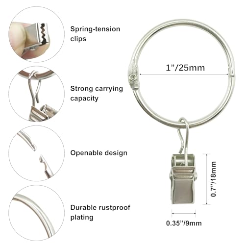 Openable Curtain Rings with Clips, 1-Inch Metal Drapery Hangers, 24 Pack