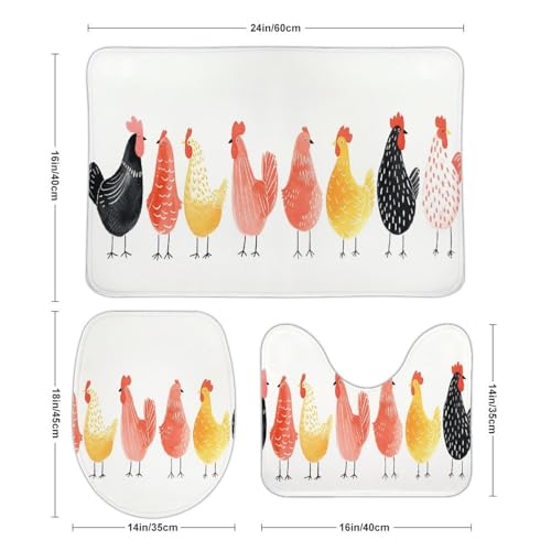 3-Piece Chicken Pattern Bathroom Rug Set - Non-Slip Coral Fleece Bath Mats