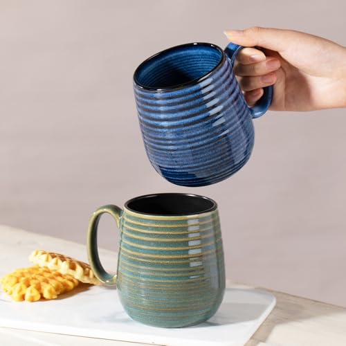 Large 20 oz Ceramic Coffee Mug Set - Green Stripe, Dishwasher Safe